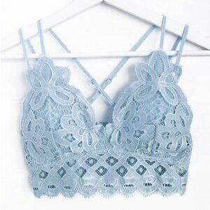 Crochet Lace Bralette Removable Pads Cross Back Adjustable Strap Wirefree BLUE